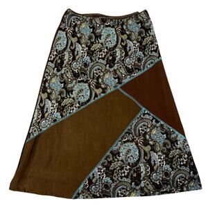 Baranda Womens Size S Patchwork Midi Skirt Brown Blue Paisley